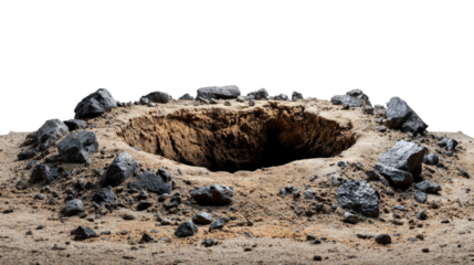 A Hole in the Ground: A stark and impactful scene of a ground level hole, surrounded by scattered rocks and pebbles, a study in texture and geological form. 