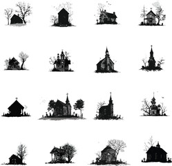 Obraz premium Vector silhouette set of Halloween Abandoned Church isolated in White background, silhouette Set, Halloween theme, Vector illustration