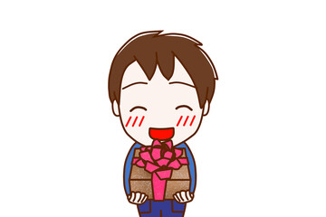 （上半身正面）お祝いの花束を笑顔で渡そうとする少年