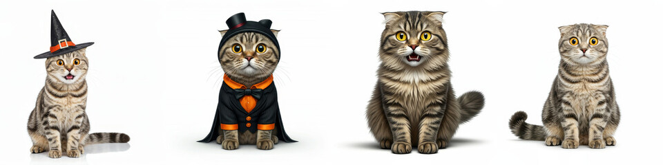 Fototapeta premium Halloween Cats in Costumes - Four adorable cats, dressed in Halloween costumes, showcasing cuteness, festivity, playfulness, and holiday spirit. Perfect for greeting cards or seasonal decorations