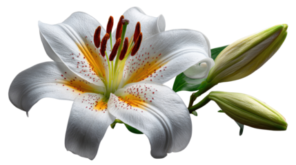 Lily's Delicate Beauty: Captivating close-up of a pristine white lily in full bloom. Its delicate petals, adorned with subtle yellow and orange accents, offer an image of purity and elegance.