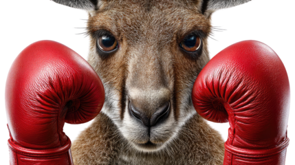 Kangaroo Boxer Ready to Fight: A strong kangaroo is seen wearing boxing gloves, a symbol of strength and determination, ready to enter a fight, representing a challenge or competition.