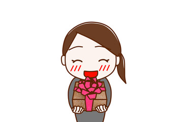 （上半身正面）お祝いの花束を笑顔で渡そうとするスーツ姿の女性