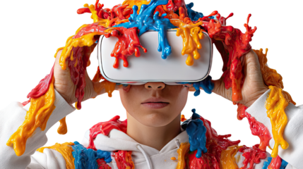 VR Art Fusion: A person enveloped in a vibrant explosion of color as they interact with a virtual reality headset, a visual representation of creativity and technology merging into an art form.