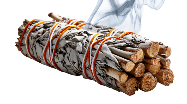 Sage Smudge Stick with Aromatherapy: A close-up shot highlights a traditional sage smudge stick, encircled with twine, its soothing aromatic smoke gracefully curling upwards.