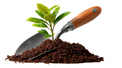 Life's Growing Roots: A nascent sprout emerges from a rich bed of soil, embraced by a trowel, showcasing the inherent promise of growth and new beginnings.