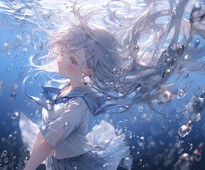 Schoolgirl Floating Underwater in a Dreamlike Scene　
水中に漂うセーラー服の少女