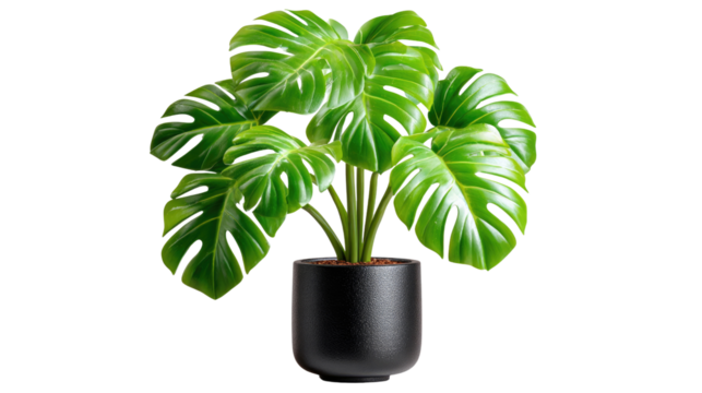 Monstera Plant in Pot: A lush Monstera plant, with its iconic split leaves, thrives in a sleek black pot, representing modern interior design and natural beauty.