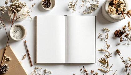 Flat lay of a blank sketchbook used for branding mockups, placed on a clean white background with gentle, professional studio shadows