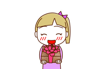 （上半身正面）お祝いの花束を笑顔で渡そうとする白人少女