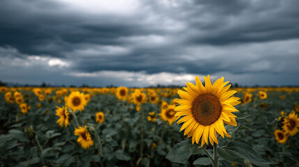 Fototapeta premium A field of sunflowers under a dramatic sky with dark clouds overhead view