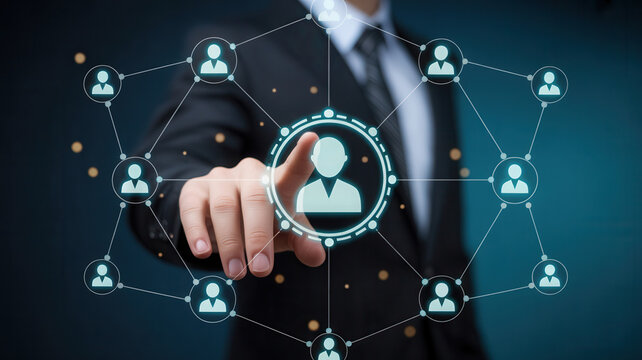 Professional businessman interacting with futuristic digital network connecting people for global business and collaboration - Powered by Adobe