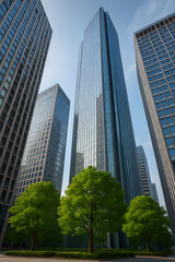 Fototapeta premium Urban oasis featuring contemporary glass skyscrapers and verdant green trees, symbolizing the harmony of nature and modern architecture.