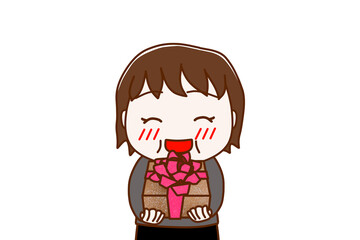 （上半身正面）お祝いの花束を笑顔で渡そうとする太った女性