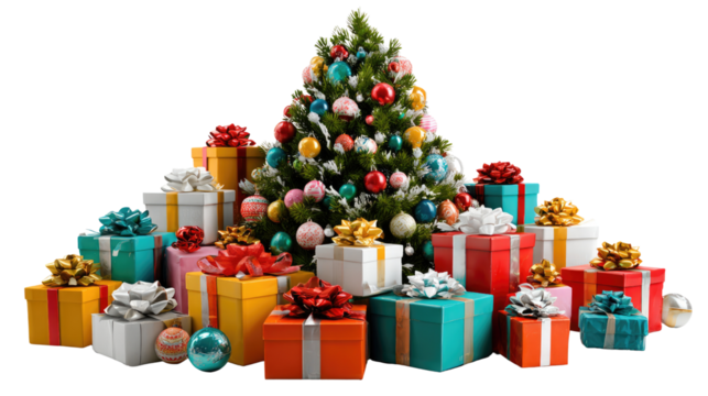 Festive Cheer: A vibrant Christmas tree is surrounded by a mountain of beautifully wrapped gifts, evokes a sense of excitement and celebration during the holiday season.
