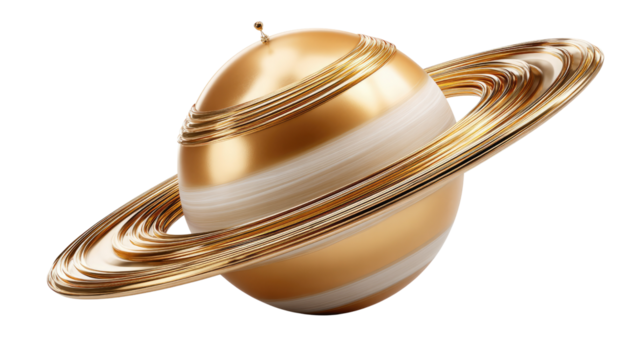 Celestial sphere of Gold: A visually striking depiction of a planetary object, rendered in radiant gold with intricate ring systems, symbolizing the celestial wonder and cosmic elegance.