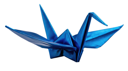 Elegant Origami Crane: A close-up captures the delicate and intricate folds of a vibrant blue origami crane, an iconic symbol of peace, good fortune, and artistic craftsmanship.
