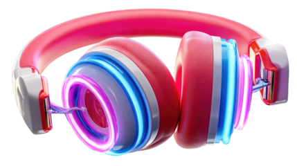 Headphones in Vibrant Neon: A sleek pair of headphones pulsates with energy, showcasing neon lights that highlight its modern design, perfect for music lovers and tech enthusiasts.
