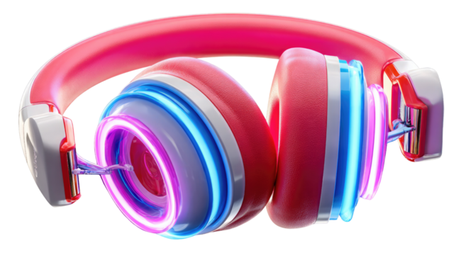 Headphones in Vibrant Neon: A sleek pair of headphones pulsates with energy, showcasing neon lights that highlight its modern design, perfect for music lovers and tech enthusiasts.
