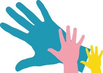 Fototapeta premium Illustration of three hands of different sizes and colors on white