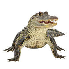 Fototapeta premium A young american alligator stands with its mouth slightly open, revealing sharp teeth and detailed scaly skin. This reptile image is ideal for wildlife, nature, or educational content.