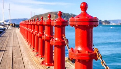 Bright Red Bollards Lining a Wooden Pier with Golden Gate Bridge in Background