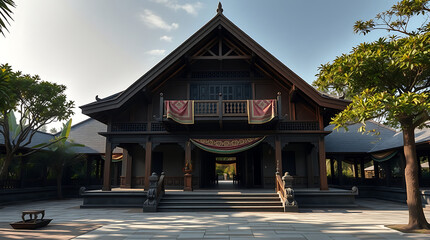 Fototapeta premium Majestic traditional wooden hall with a gabled roof and decorative banners in a courtyard.