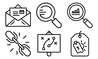 Marketing and Business Line Icons 6 Vector Icons for SEO Link Building, Sales Funnel, Promotion, Analytics, Customer Targeting and Digital Advertising