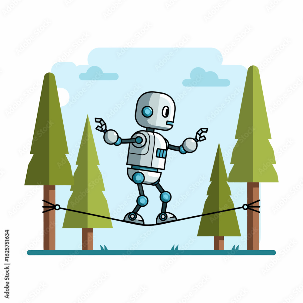 Aufkleber a friendly robot character confidently walks on a tightrope between two tall pine trees in a lush gr