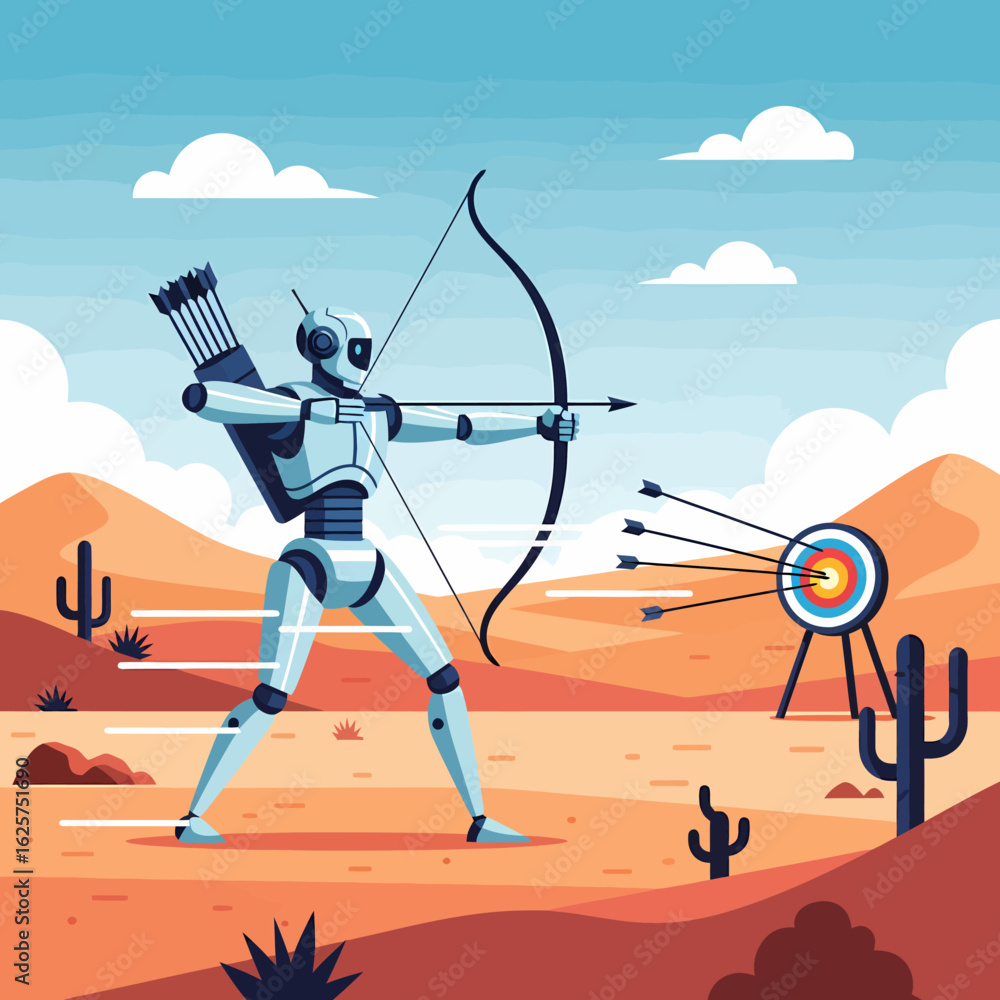 Poster advanced humanoid robot aiming bow and arrow at target in desert landscape with cacti and mountains 
