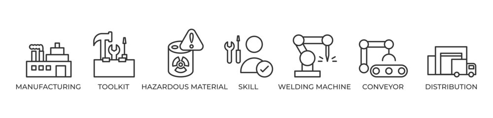 Industrial Excellence Icons set vector illustration outline with Manufacturing, Toolkit, Hazardous material, Skill, Welding machine, Conveyor, Distribution