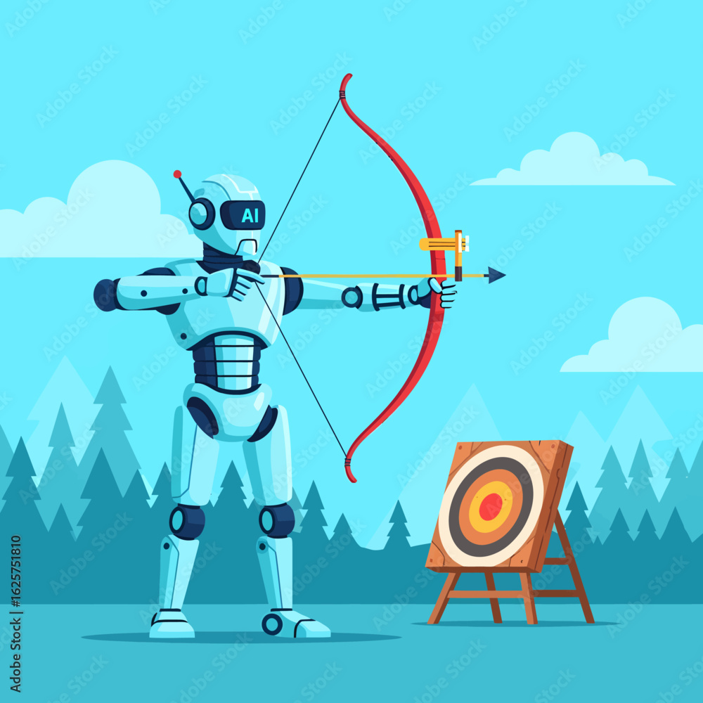 Poster futuristic ai robot aiming a red bow and arrow at a target in a pixel art style.