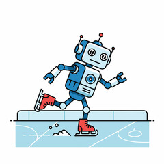 A playful blue robot glides gracefully across an ice rink wearing red ice skates and enjoying a winter sport