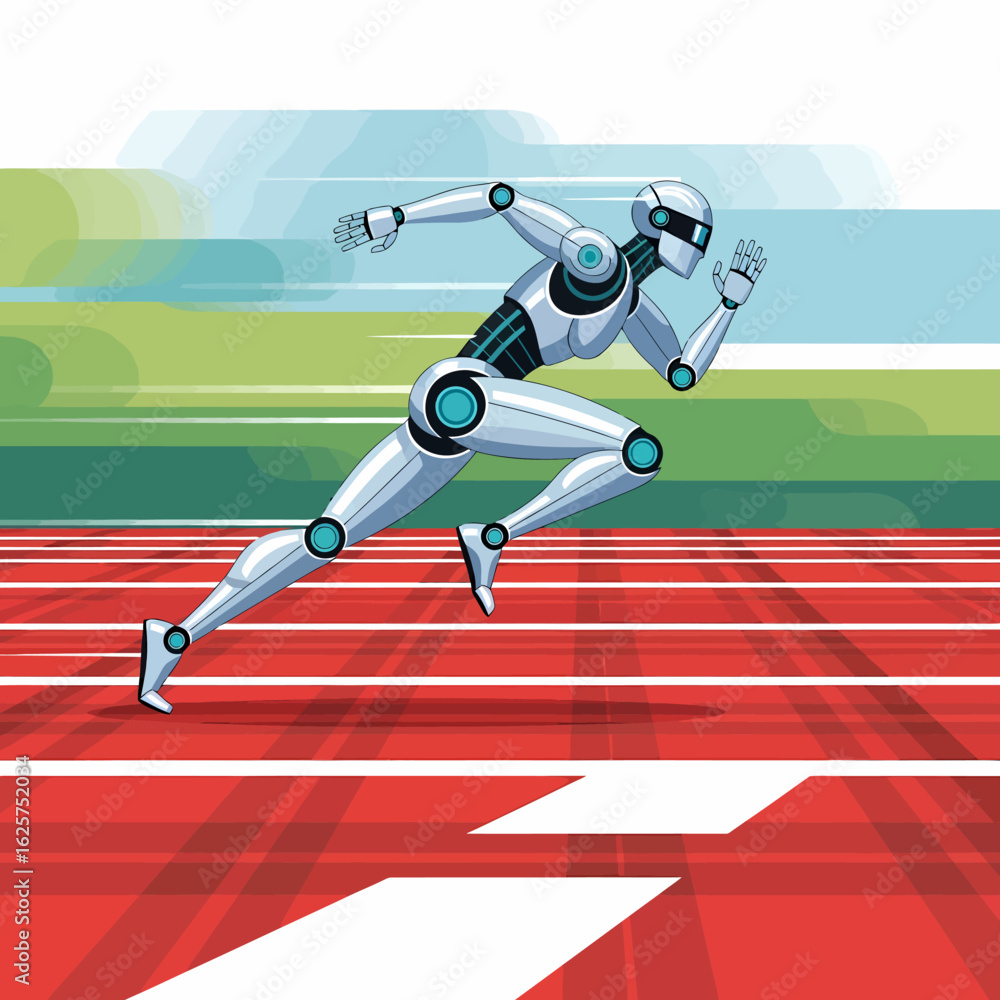 Poster humanoid robot athlete running at high speed on a red track with green background