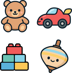 Classic toy line art set: bear, car, blocks, spinning top