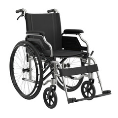 Fototapeta premium Empty, modern wheelchair with a black seat and silver frame, perfect for illustrating healthcare, disability, or rehabilitation.