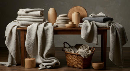 Elegant home decor featuring natural linen textiles and handcrafted wooden accents on rustic table