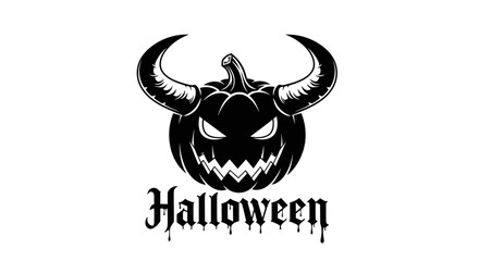 Sinister black jackolantern with demonic horns and gothic Halloween text.