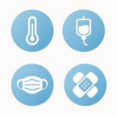 Healthcare service icon set: thermometer, IV bag, wheelchair, heart monitor