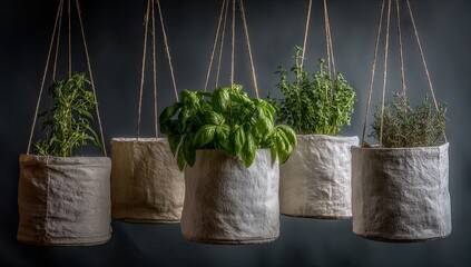 Five hanging planter baskets filled with fresh herbs