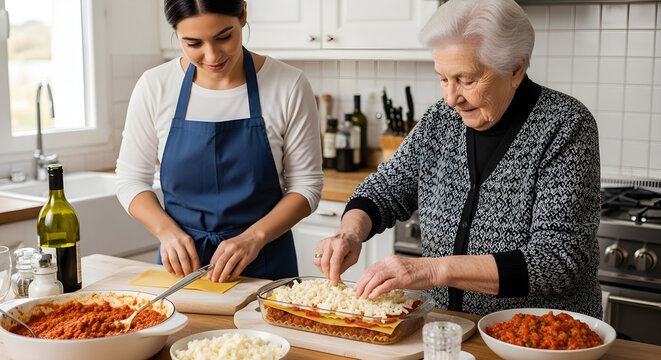Generations cooking together in a warm kitchen, creating a delicious lasagna meal with love and family togetherness