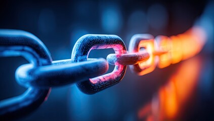 Close-up of a chain link, part of a longer chain.  Links are cool, bluish-gray metal, while one link glows intensely orange-red.  Dark background