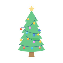 Christmas tree with colorful ornaments and a star isolated on white background