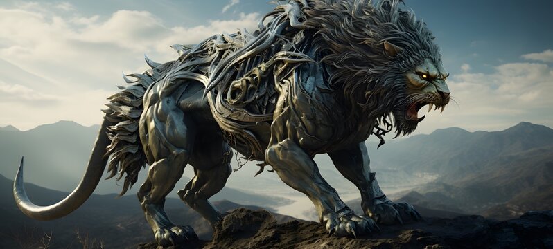 A haunted gothic liger kraken perched on a wind-swept hil,generative AI