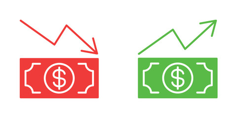 Growth and decline icon vector illustration design in red and green color. Dollar sign or symbol with Upward and downward arrows.