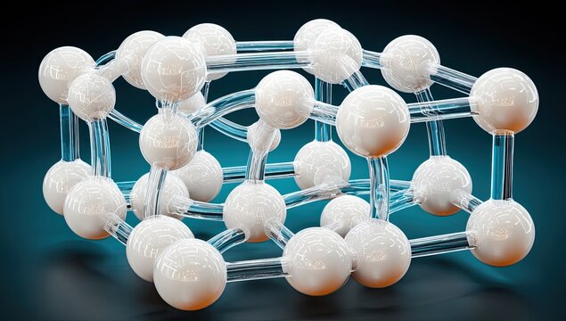 3D model of a crystal lattice structure. Atoms represented by spheres, bonds by transparent tubes. Dark teal background - Powered by Adobe