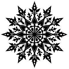 Detailed black snowflake ornament isolated on white background for winter season