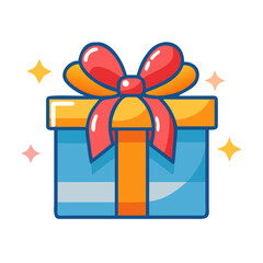 A blue gift box with a red bow isolated on white background, surrounded by stars