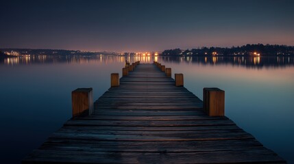 Obraz premium Majestic Wooden Pier Over Calm Lake with Distant City Lights Reflecting in Twilight