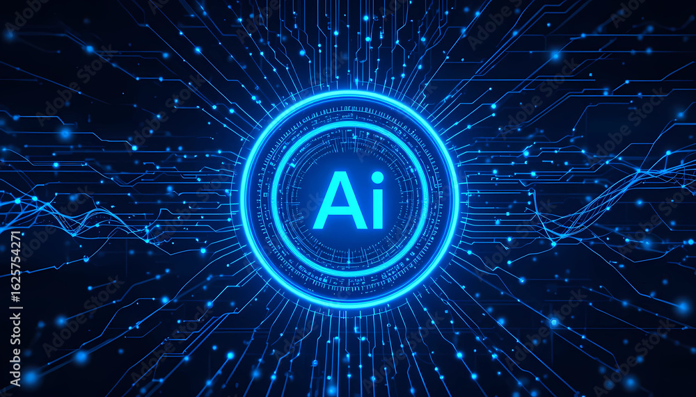 Aufkleber digital ai concept with glowing blue circuit board and central ai text in a circle design